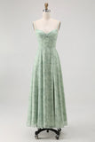 Dusty Sage A Line Spaghetti Straps Backless Print Floral Bridesmaid Dress
