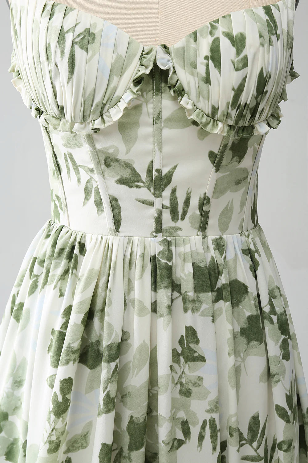 Green A Line Spaghetti Straps Printed Floral Maxi Dress With Slit