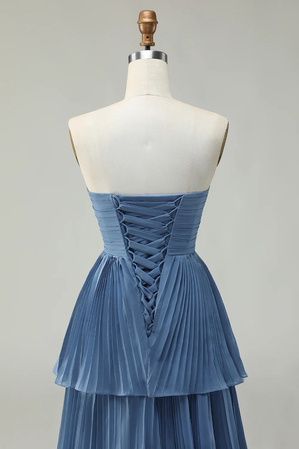 Dusty Blue A Line Strapless Pleated Tiered Long Bridesmaid Dress with Ruffles