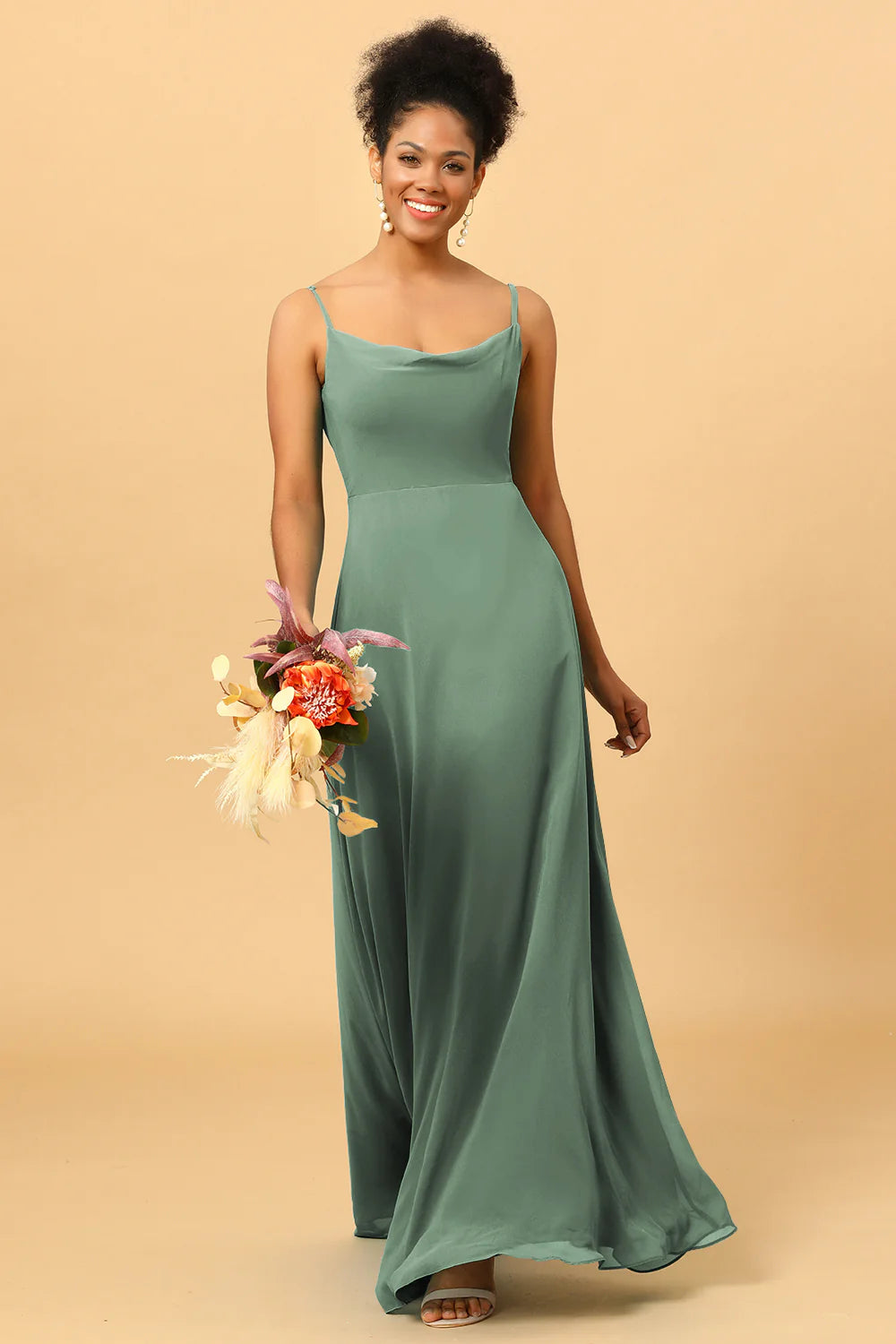 A Line Spaghetti Straps Floor Length Chiffon Bridesmaid Dress
