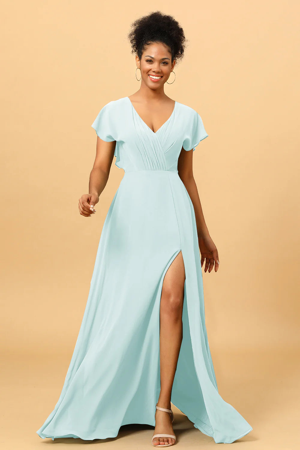 A Line V Neck Ruched Chiffon Bridesmaid Dress with Slit
