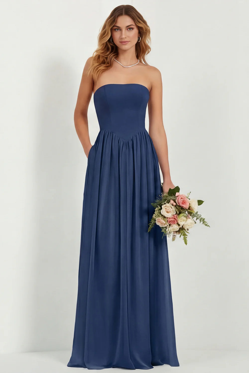 Strapless Eucalyptus Chiffon A Line Long Bridesmaid Dress with Pockets