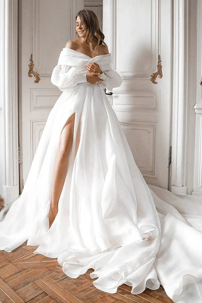 A Line Off the Shoulder White Wedding Dress with Slit