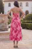 Hot Pink Floral A Line Strapless Corset Midi Wedding Guest Dress