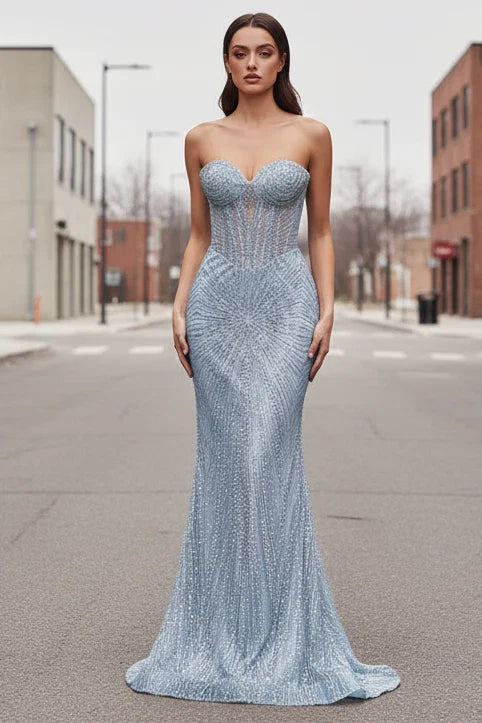 Maddox Gown Light Blue STRAPLESS GLITTER EMBELLISHED GOWN