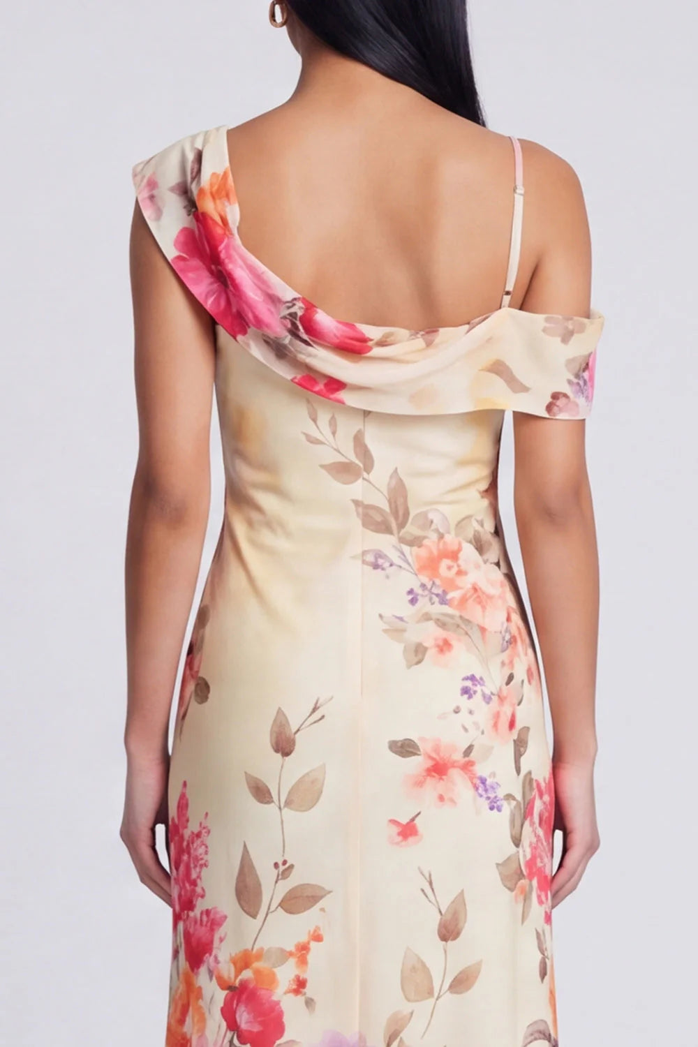 Champagne Asymmetrical Neck Floral Wedding Guest Dress