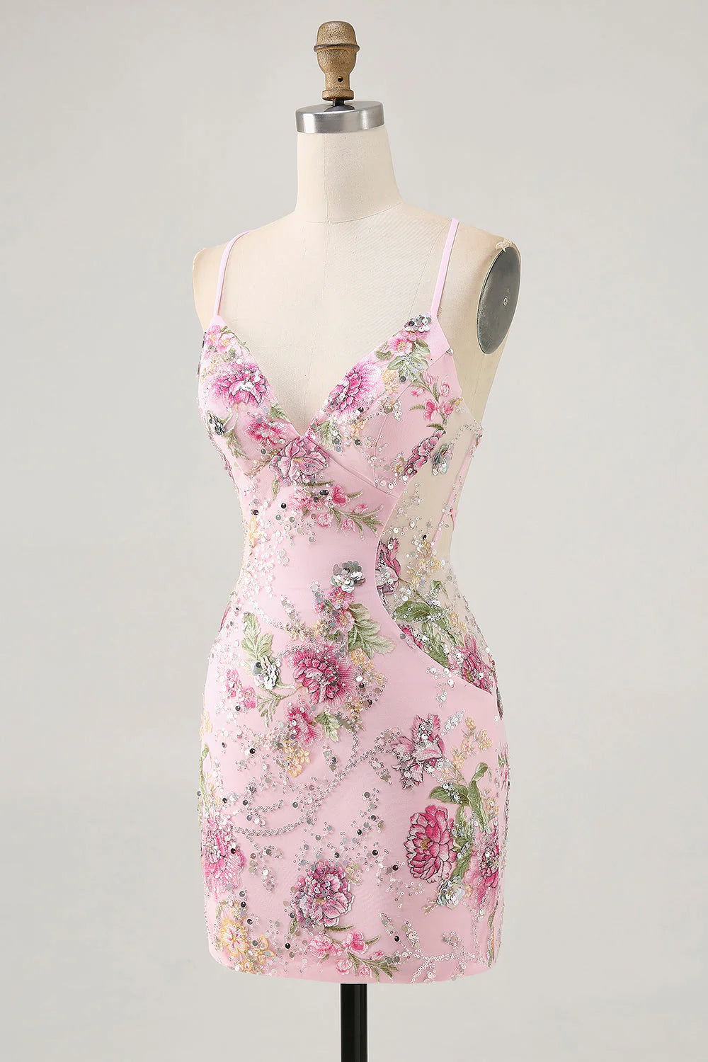 Sparkly Black Bodycon Spaghetti Straps Floral Short Homecoming Dress with Sequins
