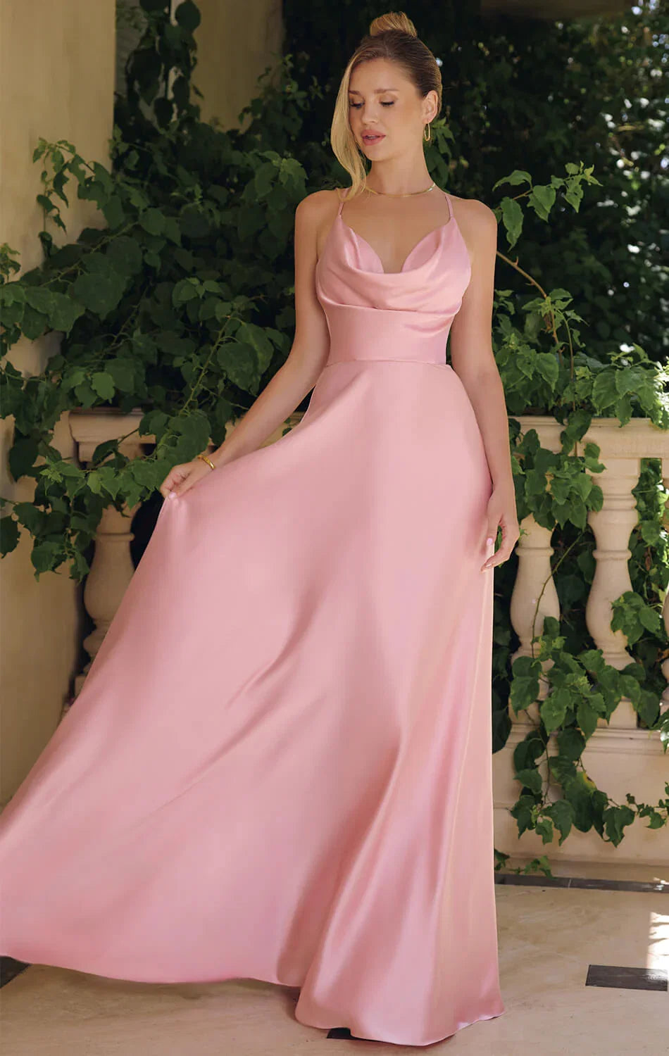 WILLOW GOWN A LINE SATIN DRESS WITH COWL NECKLINE