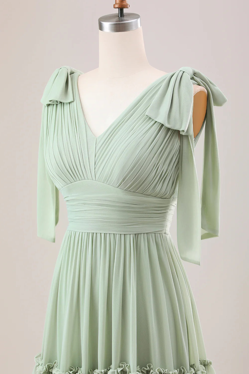 Dusty Sage A Line V Neck Knitted Chiffon Long Bridesmaid Dress With Ruffles
