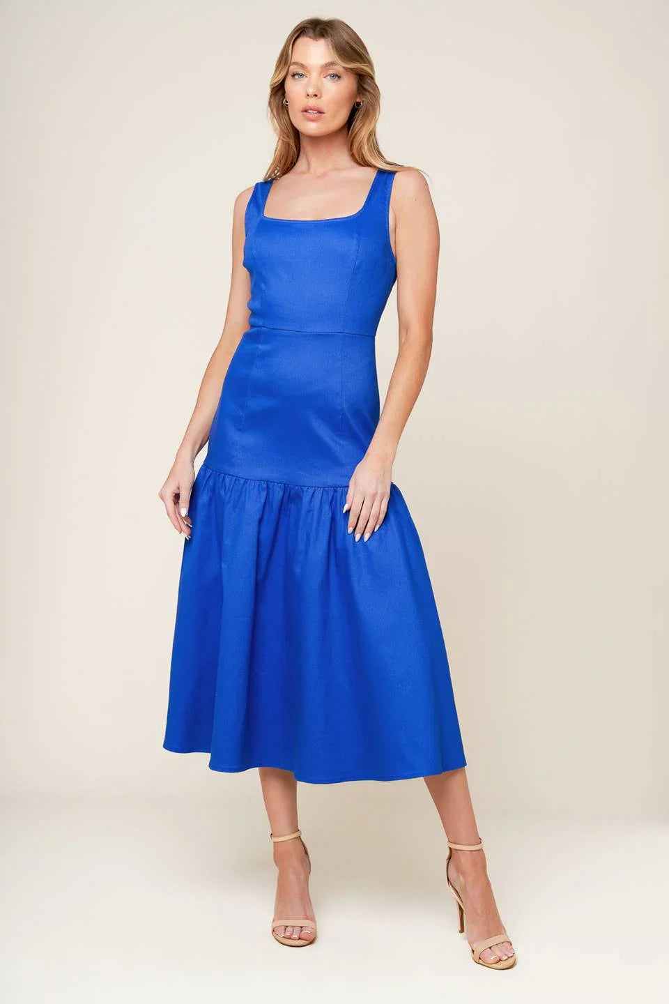 BONNIE BLUE MIDI DRESS WITH SQUARE NECKLINE DROP WAIST