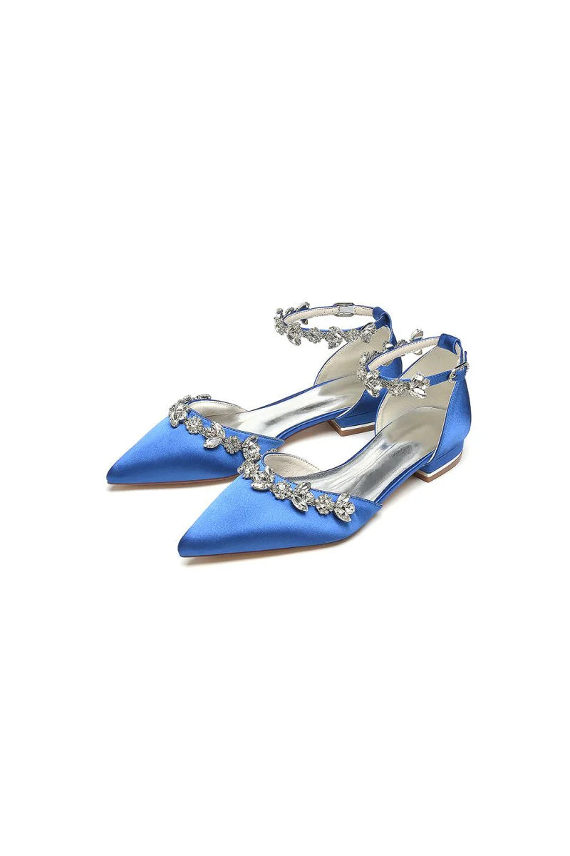Pointed Toe Rhinestone Beaded Ankle Strap Kitten Heels