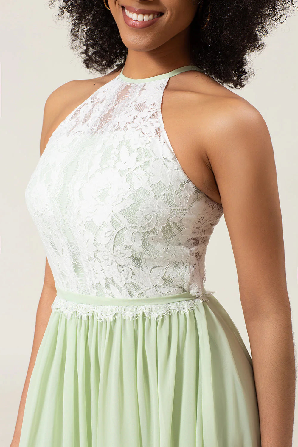 A Line Halter Neck Dusty Sage Lace and Chiffon Long Bridesmaid Dress