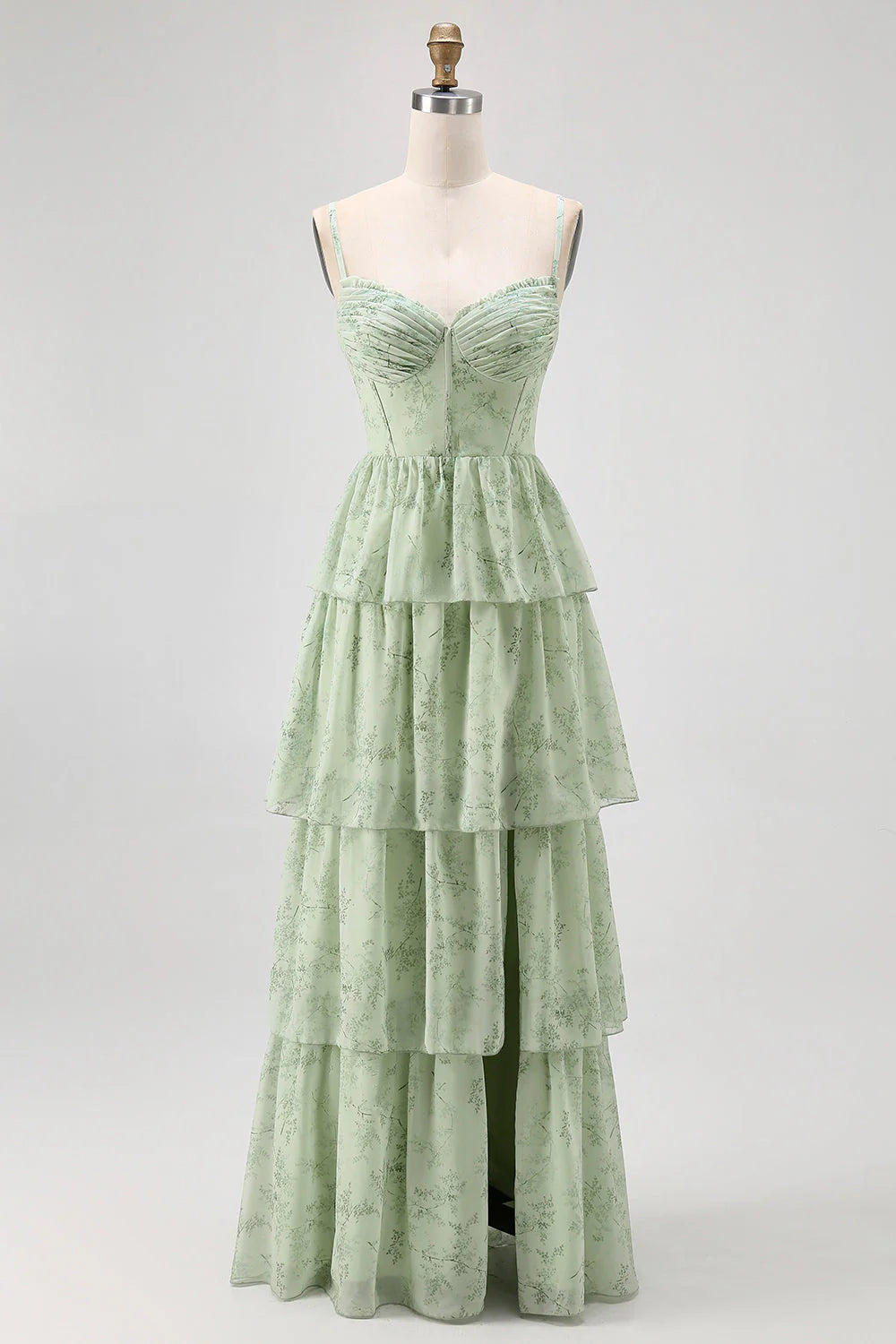 Dusty Sage A Line Corset Tiered Print Floral Long Bridesmaid Dress with Slit