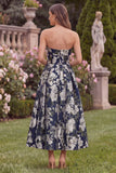 Strapless A Line Navy Floral Wedding Guest Dress