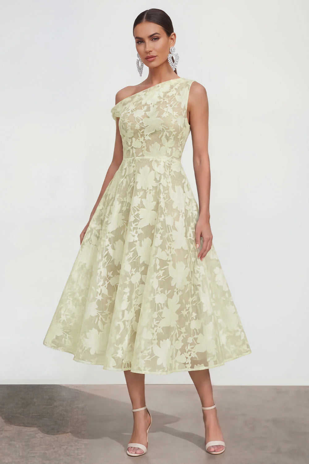 Floral Yellow Asymmetrical Neck A Line Wedding Guest Dress