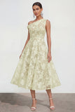 Floral Yellow Asymmetrical Neck A Line Wedding Guest Dress