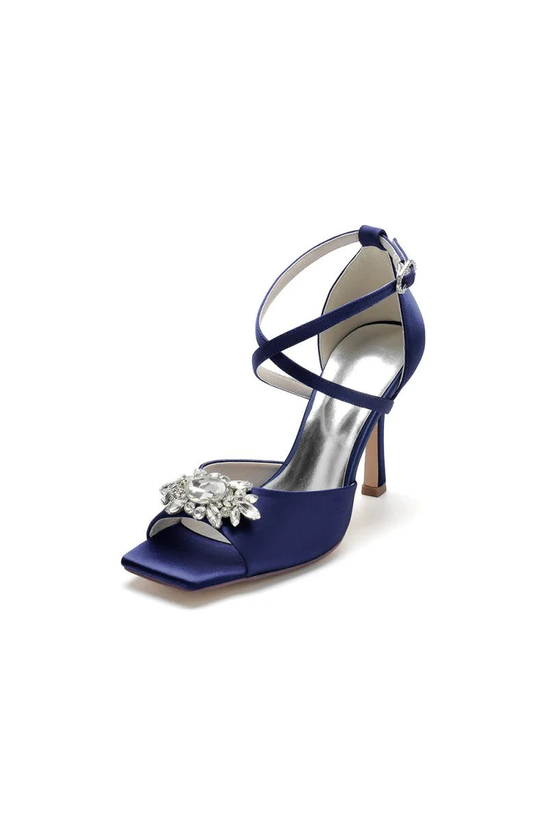 Crystal Buckle Square Open Toe Cross Straps Chunky Heels