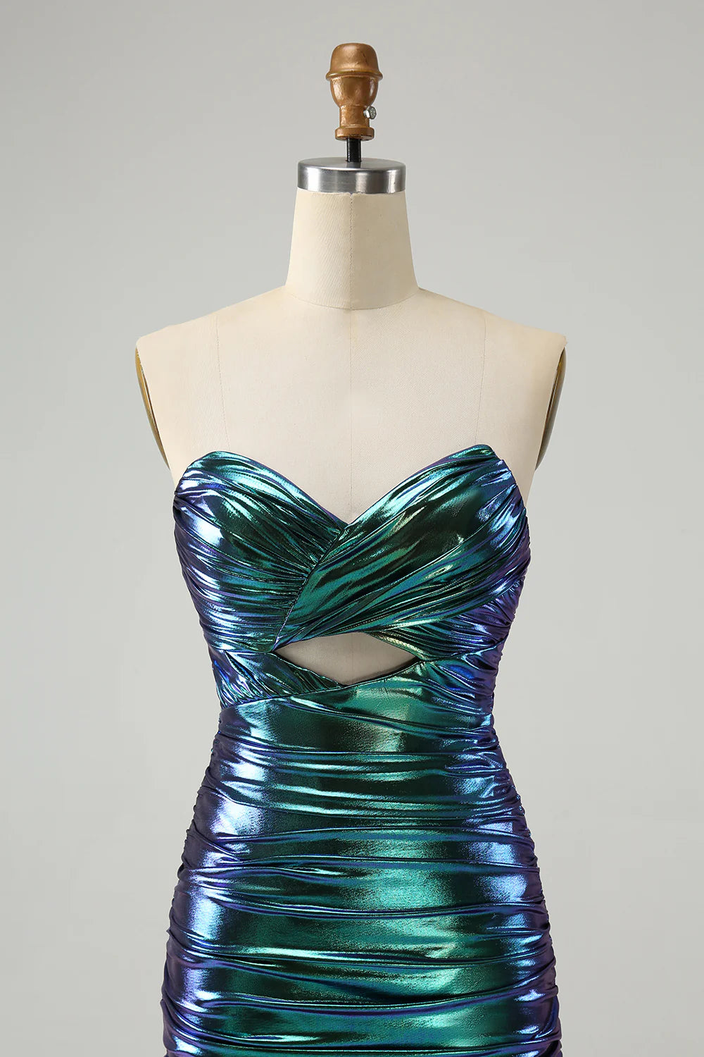 Chic Teal Blue Strapless Keyhole Pleated Tight Metallic Homecoming Dress