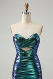 Chic Teal Blue Strapless Keyhole Pleated Tight Metallic Homecoming Dress