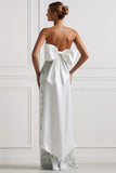 Sheath Strapless Blue White Flower Satin Long Bridesmaid Dress with Back Bow