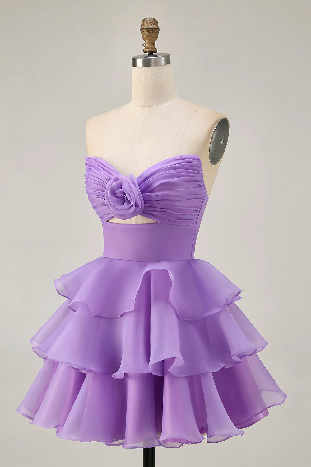 Tiered Cute A Line Strapless Cut Out Purple Homecoming Dress