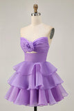 Tiered Cute A Line Strapless Cut Out Purple Homecoming Dress