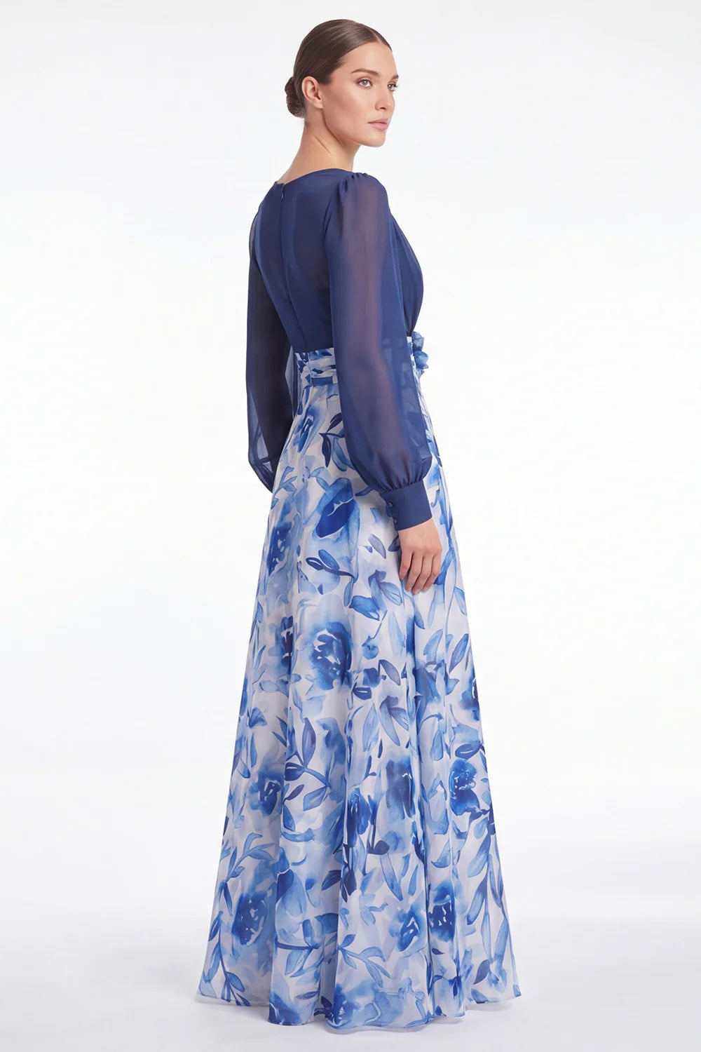 A Line Blue Flower V Neck Mother of the Bride Dress with Long Sleeves