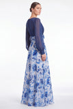 A Line Blue Flower V Neck Mother of the Bride Dress with Long Sleeves