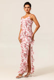Blush Sheath Ruffle Chiffon Print Floral Long Bridesmaid Dress with Slit