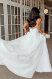 A Line White Satin Strapless Wedding Dresses with Slit