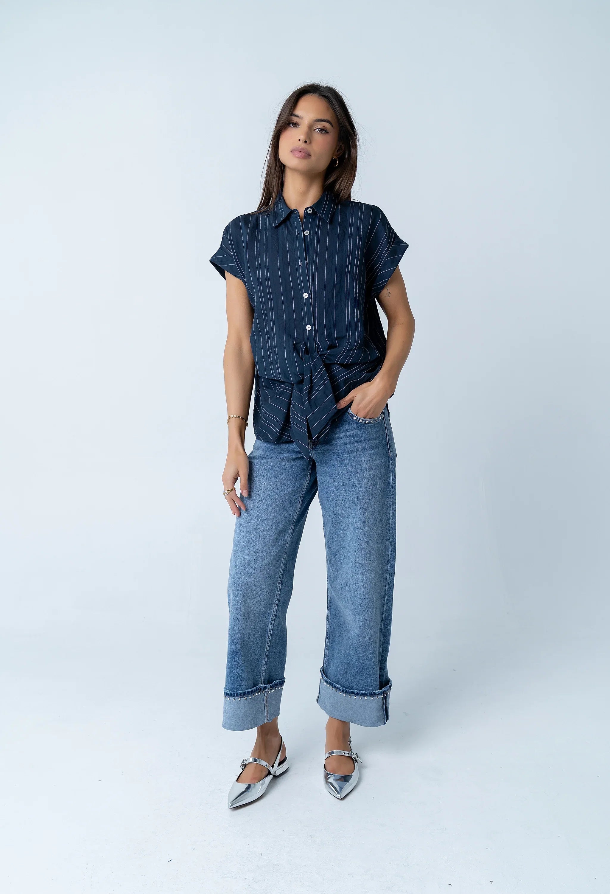 Darian Striped Button Up in Navy