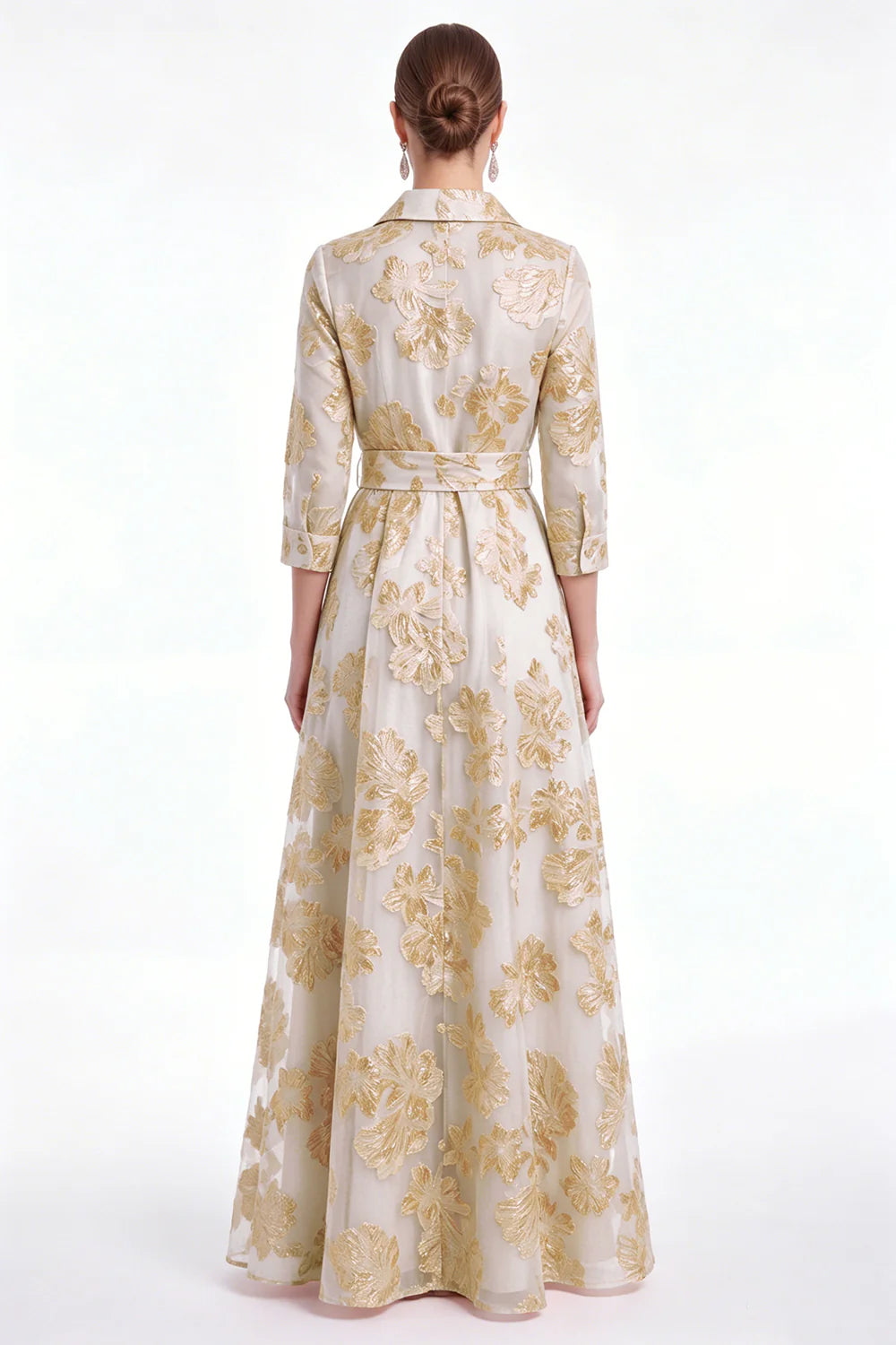Gold Floral Jacquard A Line Collar Mother of the Bride Dress with 3 4 Sleeves