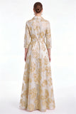 Gold Floral Jacquard A Line Collar Mother of the Bride Dress with 3 4 Sleeves