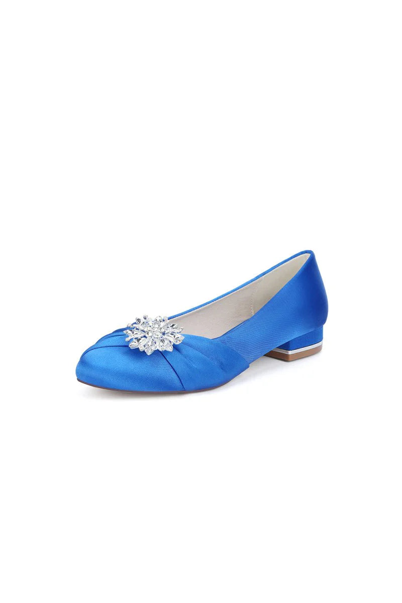 Navy Blue Flat Shoes with Crystal Flower Decoration