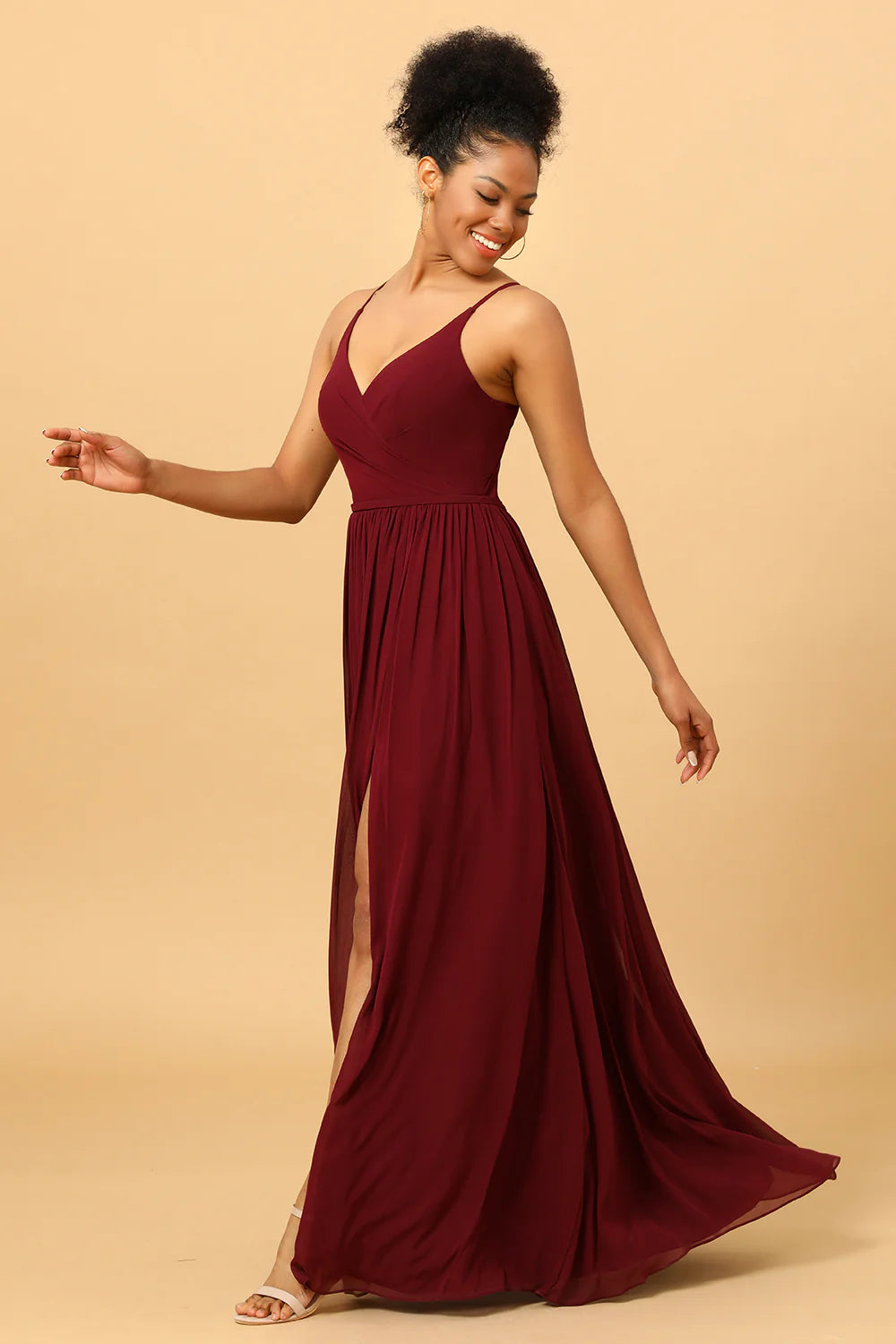 Burgundy A Line Spaghetti Straps Ruched Long Chiffon Bridesmaid Dress with Slit