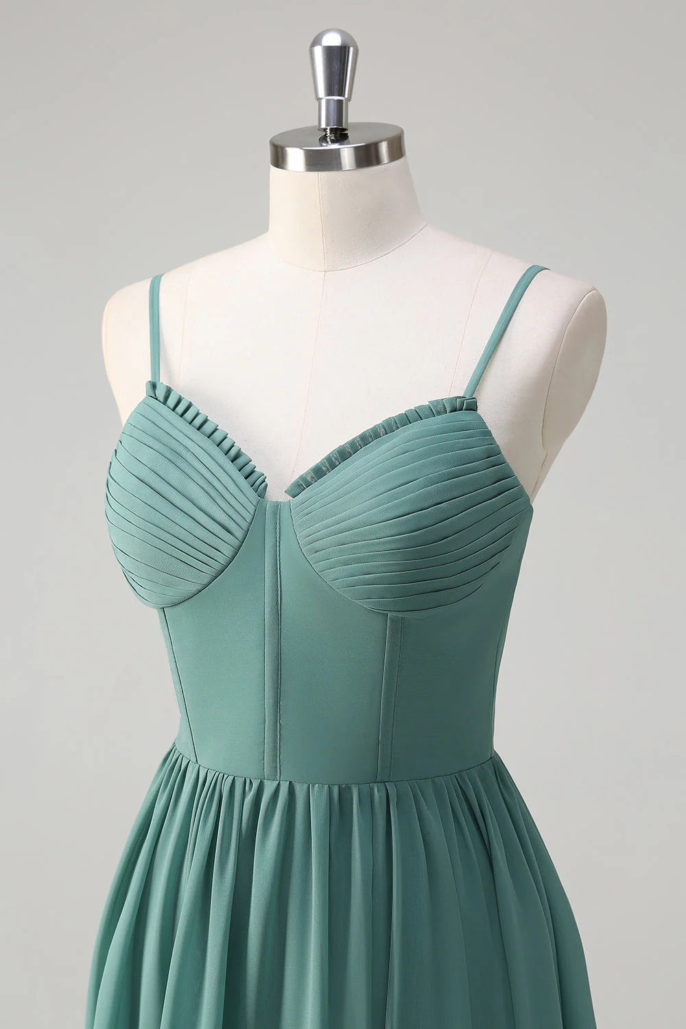 Eucalyptus A Line Spaghetti Straps Corset Ruffled Long Bridesmaid Dress with Slit