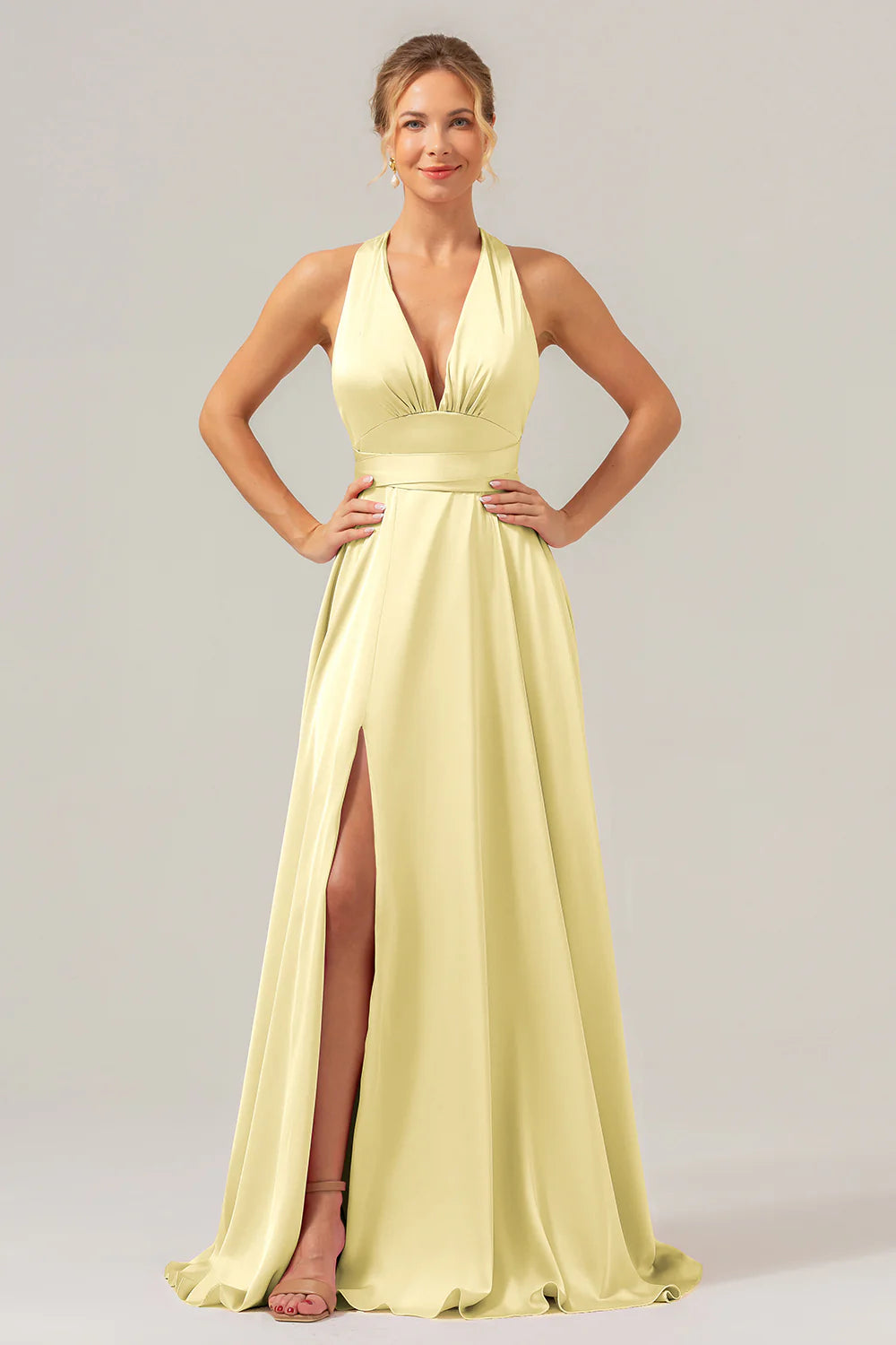 Daffodil A Line Deep V Neck Lace Up Back Long Satin Bridesmaid Dress with Slit