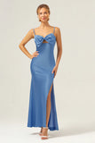 Mermaid Spaghetti Straps Satin Blue Tea Length Dress with Bow