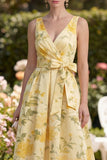 Yellow V Neck A Line Floral Wedding Guest Dress with Sash