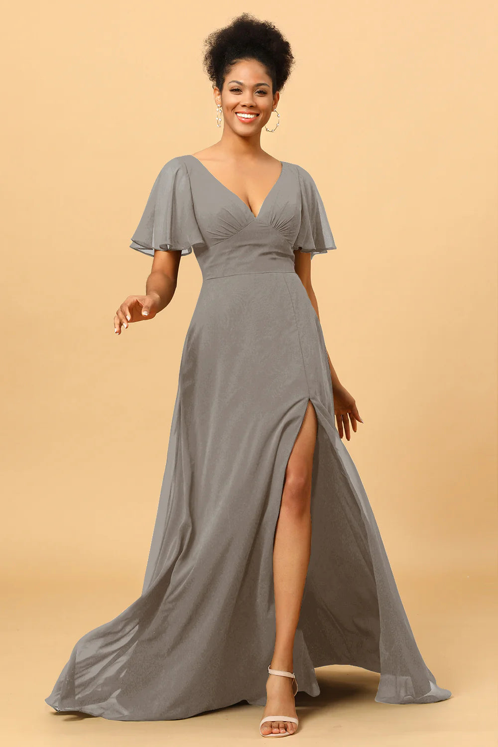 A Line V Neck Long Chiffon Bridesmaid Dress with Slit