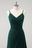 Dark Green A Line Spaghetti Straps Floor Length Chiffon Bridesmaid Dress with Slit