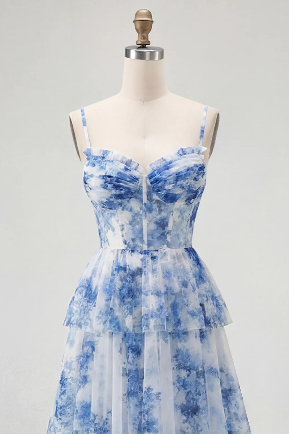 Dusty Sage A Line Corset Tiered Print Floral Long Bridesmaid Dress with Slit