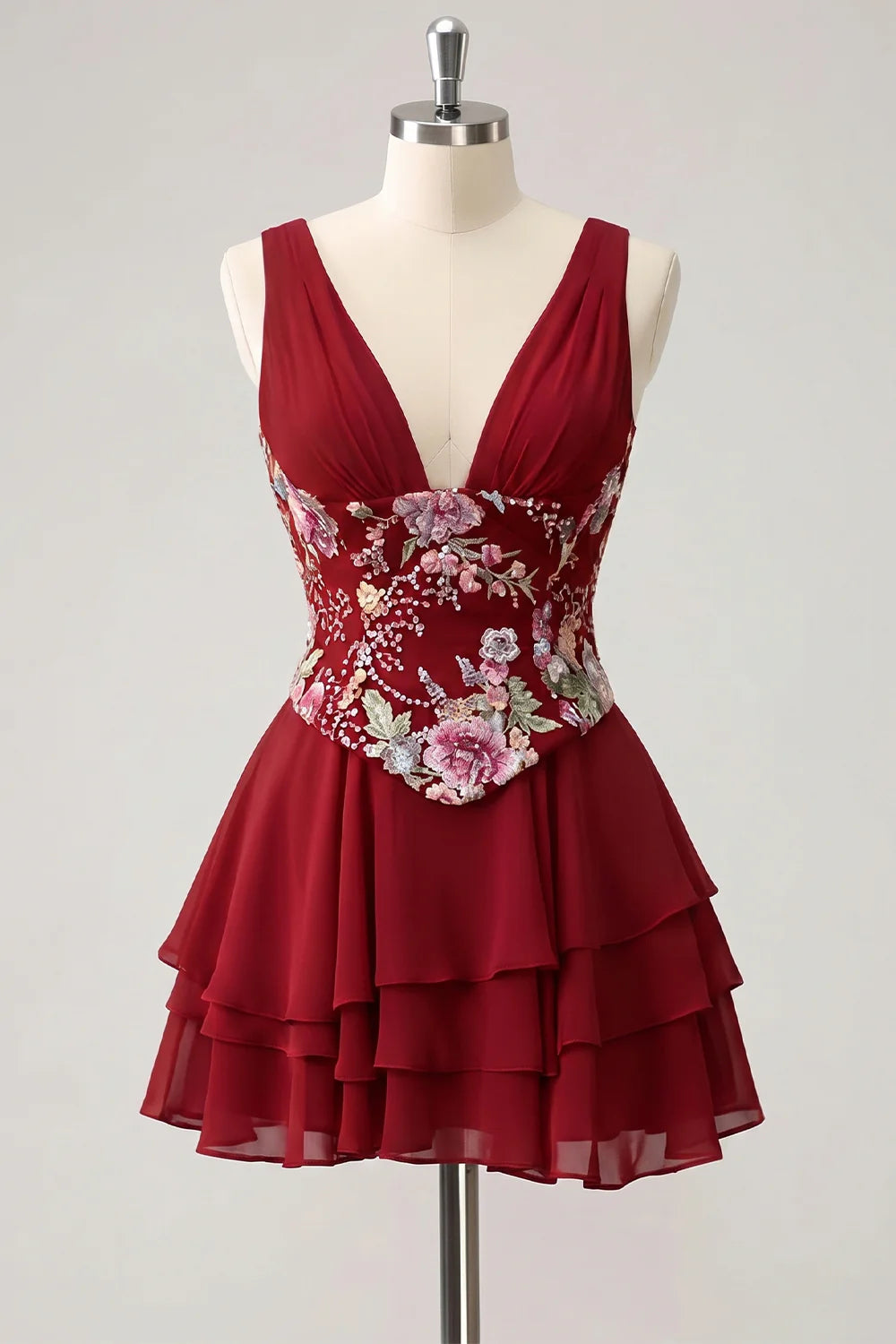 Pink Floral Appliqued V Neck Tiered A Line Homecoming Dress