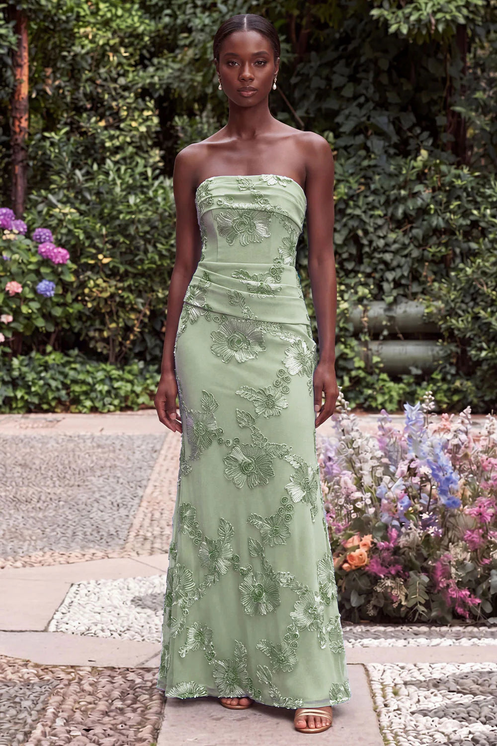 Strapless Blue Mermaid Floral Embroidery Wedding Guest Dress