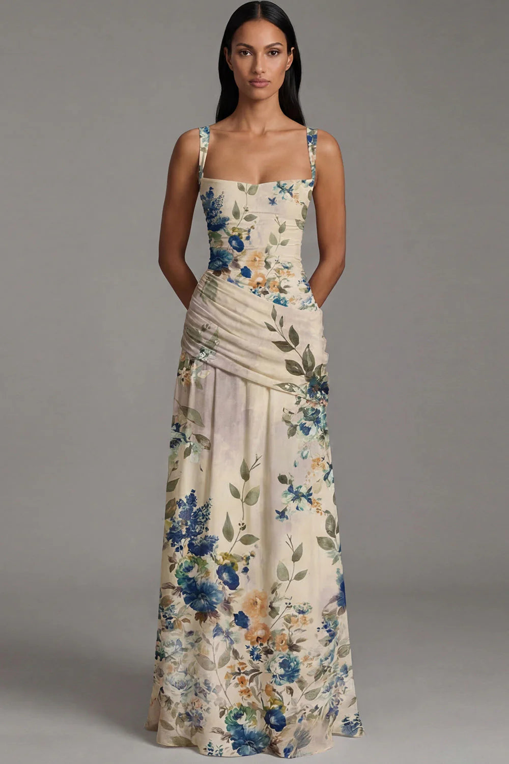 Ivory Ruched A Line Printed Long Formal Dress