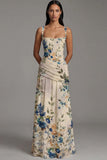 Ivory Ruched A Line Printed Long Formal Dress