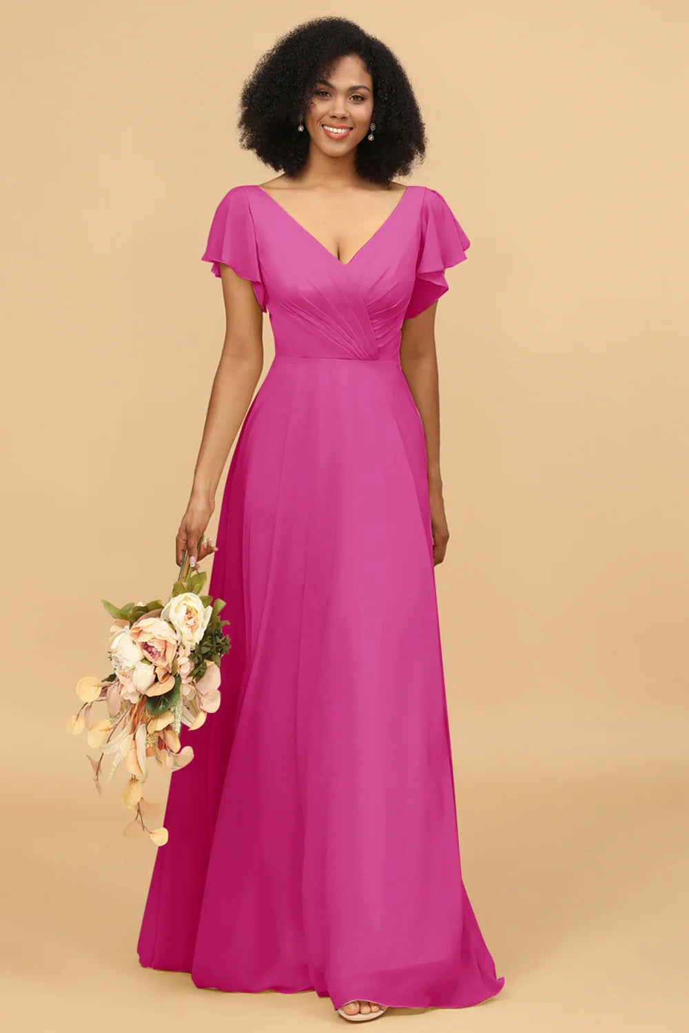 V Neck Cape Long Floor Length Chiffon Bridesmaid Dress