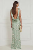 Sage Green Floral Mermaid Satin Long Bridesmaid Dress