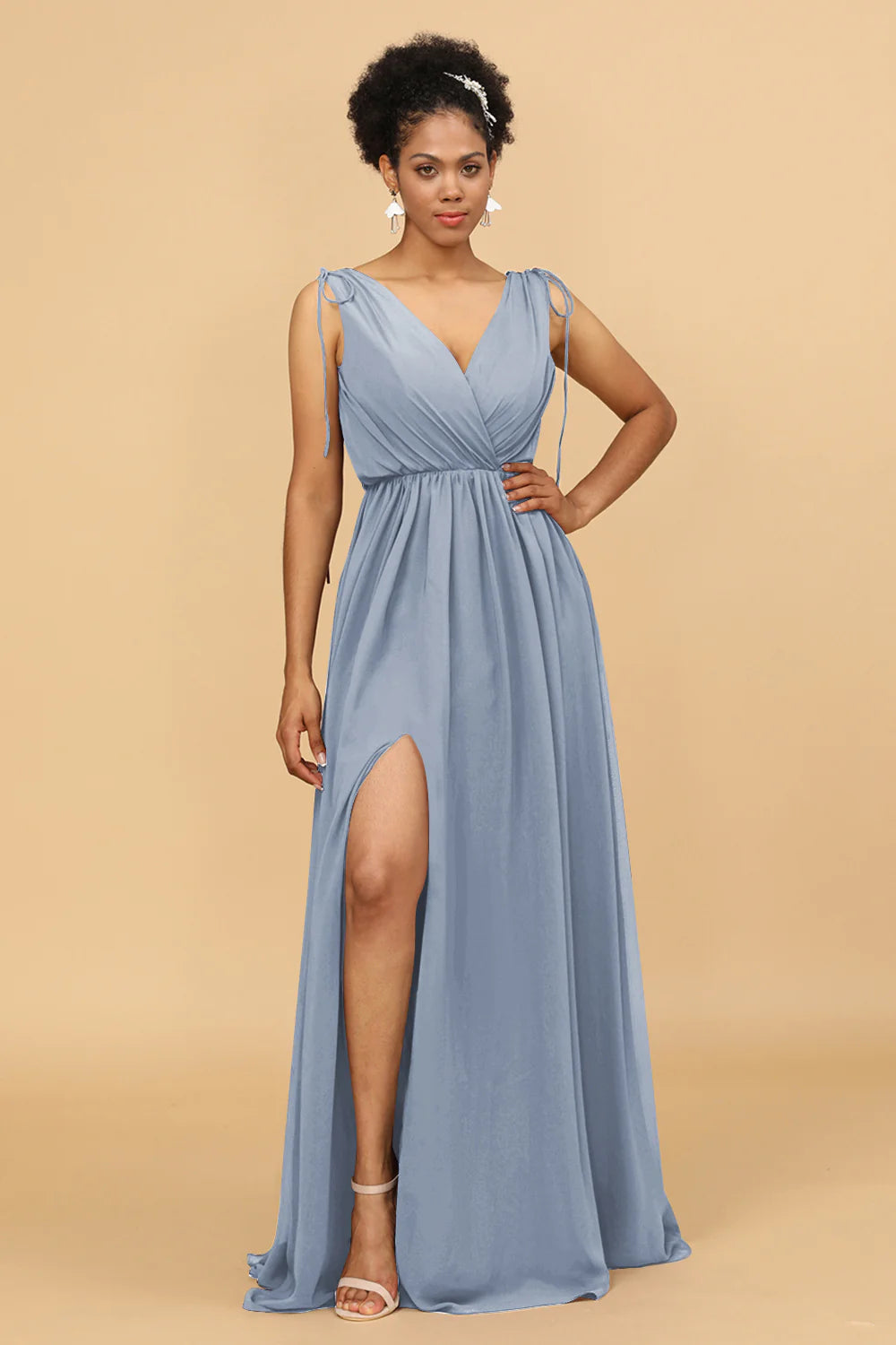 A Line Ruched V Neck Sleeveless Chiffon Bridesmaid Dress with Slit