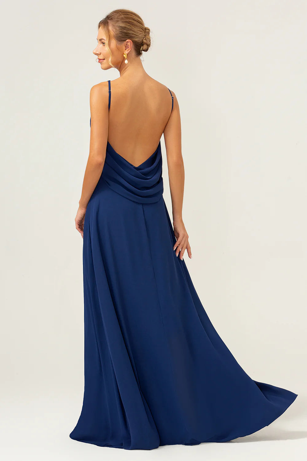 Mermaid Backless Long Chiffon Navy Bridesmaid Dress with Sleeveless